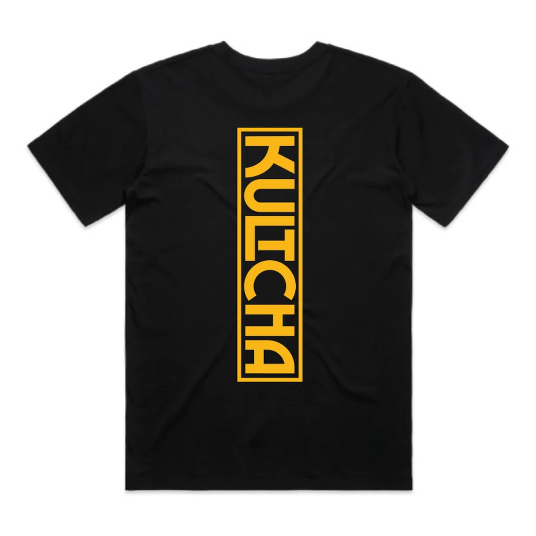 Kultcha black tee, back — vertical KULTCHA lockup