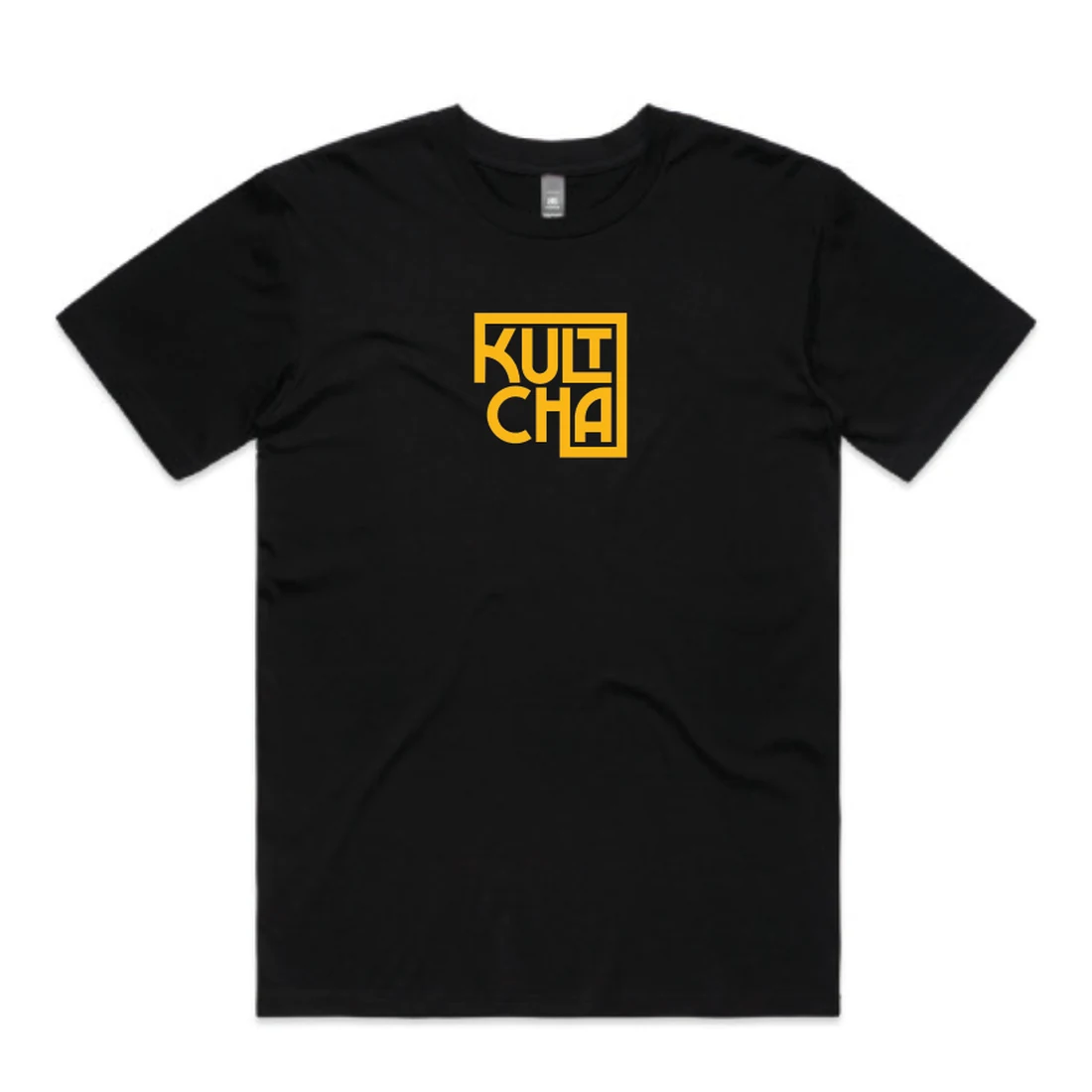 Kultcha black tee, front — boxed KULTCHA logo on the chest