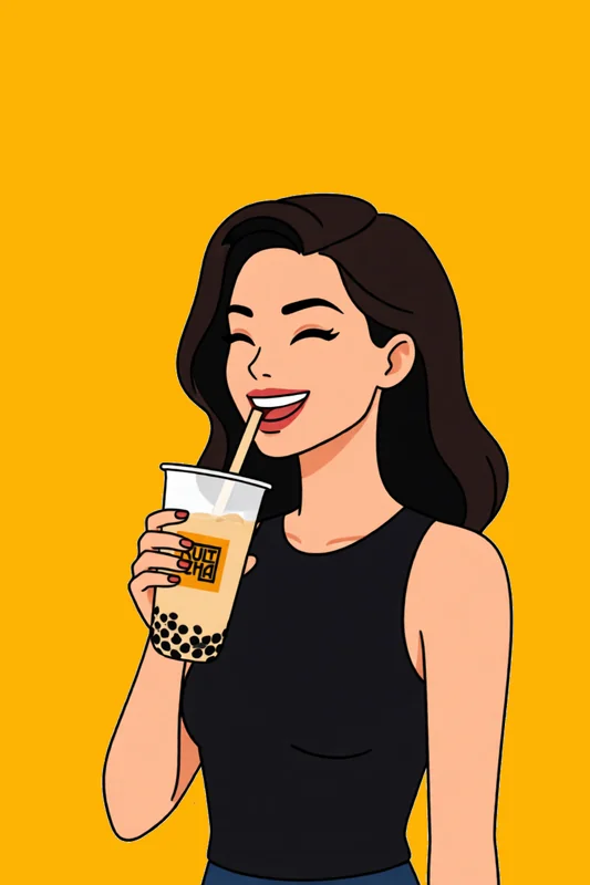 Illustration of a customer enjoying a Kultcha bubble tea with tapioca pearls