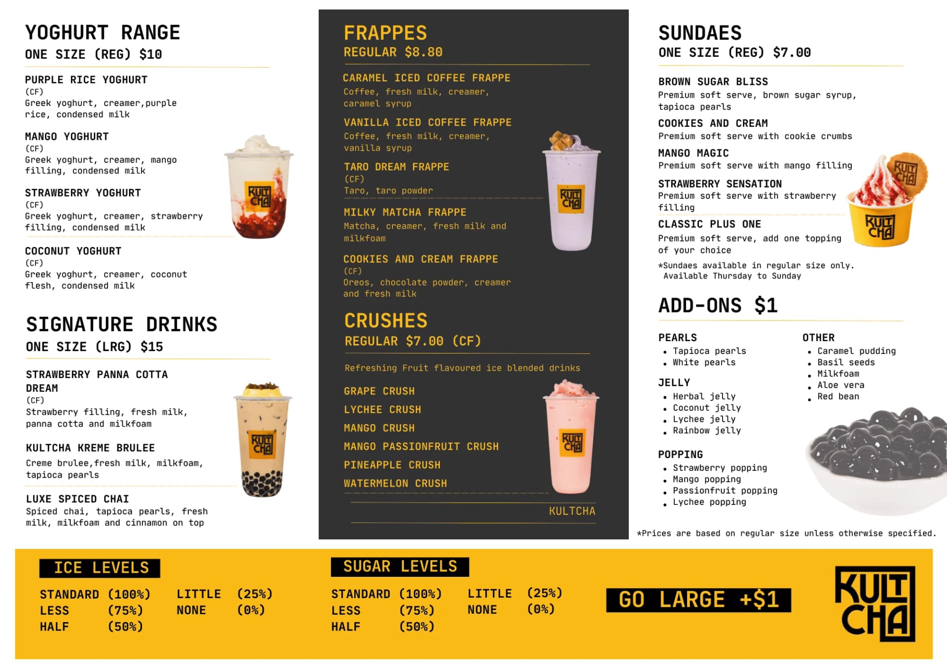 Kultcha Cairns menu board 2 — yoghurt range, signature drinks, frappes, crushes, sundaes and add-ons with prices