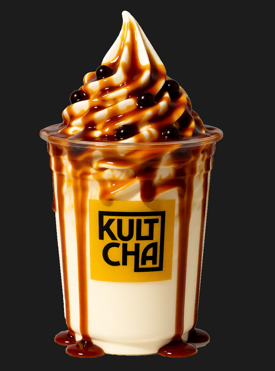 Indulge in Kultcha’s Brown Sugar Bliss Sundae, crafted for true dessert lovers. This signature treat features premium creamy soft serve, swirled with rich caramelized brown sugar syrup and topped with chewy, fresh tapioca pearls.